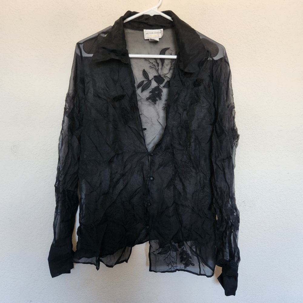 Vintage Victor Costa 100% silk black embroidered buttonup sheer blouse sz XL EUC
